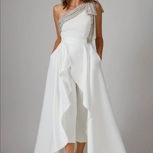 White One Shoulder Embellished Jay Godfrey Jumpsuit with Detatchable skirt.